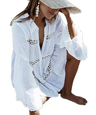 L-Peach Pareo Blusa Blanco Plisado de Playa Túnica Beach Bikini Cover Up para Mujer