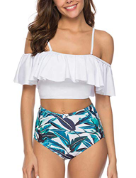 Voqeen Mujer Bikini con Cuello Halter Acolchado y Volante Acanalado de Cintura Alta y Traje de baño características