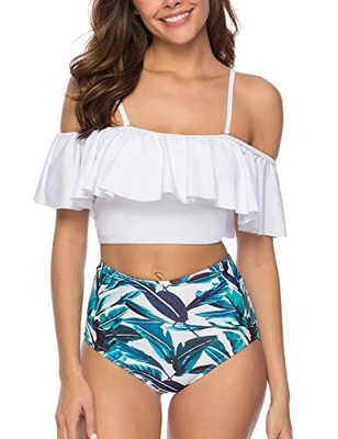 Voqeen Mujer Bikini con Cuello Halter Acolchado y Volante Acanalado de Cintura Alta y Traje de baño