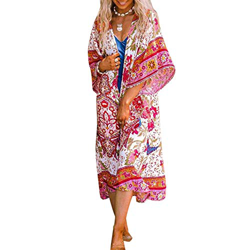 Pareo de Bikini para Mujer Cover Up para Playa Estampado Floral Cárdigan Largo Estilo Bohemio Bata Kimono Talla Grande de Mujer para Verano Vacaciones en oferta