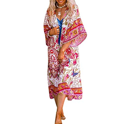 Pareo de Bikini para Mujer Cover Up para Playa Estampado Floral Cárdigan Largo Estilo Bohemio Bata Kimono Talla Grande de Mujer para Verano Vacaciones
