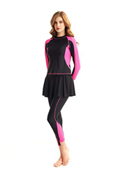 Traje de baño de Cuerpo Completo para Mujer Traje de baño de Manga Larga con Pierna Larga con Falda de baño Conjunto Rash Guard (Rose, L) en oferta