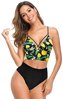 SHEKINI Mujer Brasil para Traje De Baño con Cuello En V Profundo Almohadilla De Pecho De Bikini Estampado De Flores Traje De Baño De Bikini De Color S