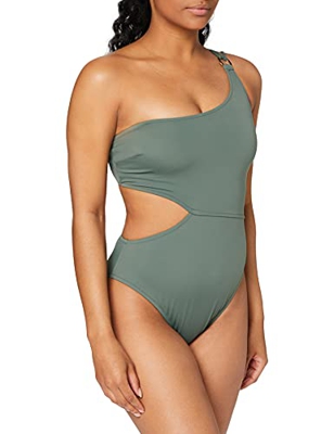 Marca Amazon - IRIS & LILLY Bañador con Aberturas Mujer, Verde (Khaki), XXL, Label: XXL
