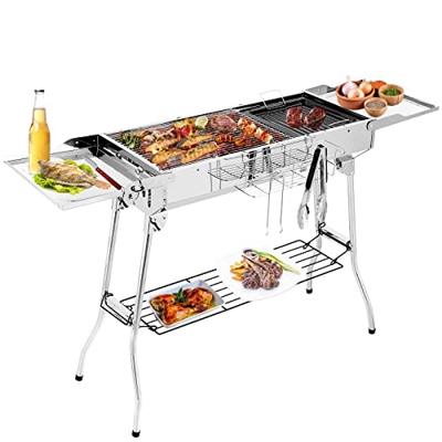 Parrilla de carbón de carbón para barbacoa de carbón portátil, plegable, de acero con doble alas plegables inoxidables, para jardín, terraza, camping,