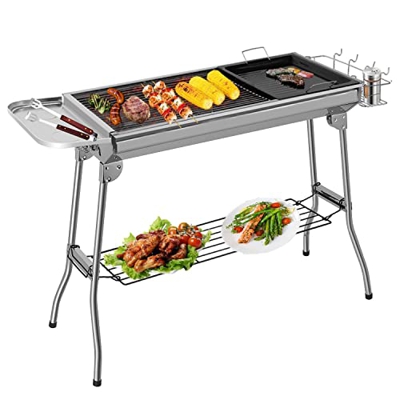 Barbacoa de carbón para barbacoa de carbón, parrilla de camping portátil, plegable, de acero inoxidable, con sartén antiadherente para jardín, terraza