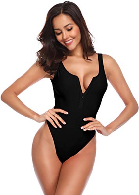 SHEKINI Traje de Una Pieza Mujer Bikini Ropa de Baño con Cremallera Corte Alto Monokini （M,Negro-2）