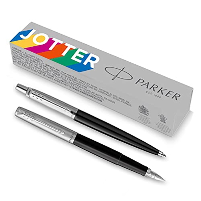 Parker Jotter - Colección de fuentes y bolígrafo Originals | Negro clásico | Punta mediana | Tinta azul y negra | 2 piezas. (Z160815 PK JOT OG BP + FP
