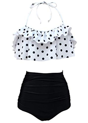 AOQUSSQOA Mujer Traje de baño con Volantes para Mujer Cintura Alta Dividida Bikini natación Esencial (White Dot, L)