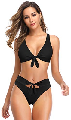 SHEKINI Bikini de 3 Piezas para Mujer Traje de Baño con Cordones Top de Bikini con Cuello En V Profundo Pantalones de Cintura Baja o Alta (Negro Bikin