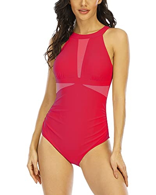 WIN.MAX Traje de baño de una Pieza Traje de baño Acolchado con Volantes Control de Barriga Traje de baño de Escote Alto Traje de baño Fruncido de Mall