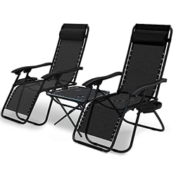 VOUNOT Set de 2 Tumbona Jardín Exterior Plegable con Mesa Auxiliar Portavasos, Silla Reclinable con Reposacabeza Extraíble, Carga Máxima 120KG, Negro características