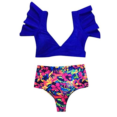 IHEHUA Bikini Mujer Set Push Up para pequeños pechos Bañador monocromo Bandeau acolchado Parte superior de bikini con flores cintura alta Bikini playa