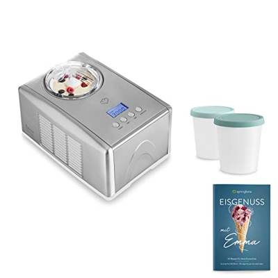 Máquina para hacer helados caseros EMMA, Ice cream maker, Heladera con compresor 1,5 l, recipiente extraíble y pantalla LCD + Libro de recetas
