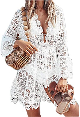 chuangminghangqi Traje de playa para mujer, de manga larga, cuello en V, vestido de playa, sexy, elegante, para pareo, bikini, Cover Up de encaje blan