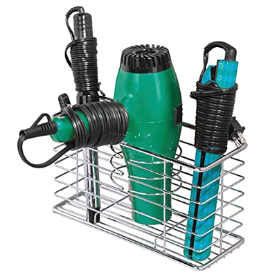 mDesign Soporte para secador de pelo en alambre de metal – Organizador de baño de pared con 3 compartimentos – Estante multifunción seguro para secado
