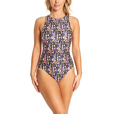 Zoggs Culture Jam Hi Front Eco Traje de baño de una Pieza para Mujer, Mujer, 113419332, Brown/Multi, 32-Inch/Size 8