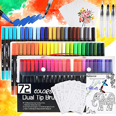 Nabance Rotuladores Acuarelables, 72 Colores Sets de Pinceles de Acuarela para Niños y Adulto, con 3 Pincel de Agua, 6 Plantillas, 10 Hojas de Papel d