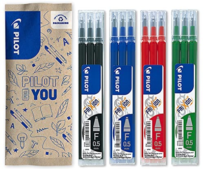 Pilot – Lote de 4 paquetes de 3 recambios – FriXion Ball 0,5 – Recargas bolígrafo borrable – azul, negro, verde, rojo – Punta fina