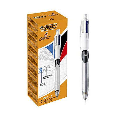 BIC 4 Colores - Bolígrafo y Portaminas 3+1HB, , caja de 12 unidades, tinta azul, negro, rojo y portaminas