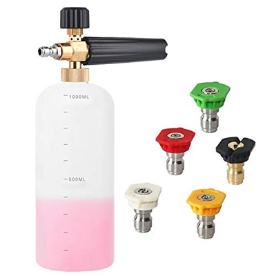 Cañón de Espuma para Lavadora a Presión, 1L Ajustable 1/4" Liberación Rápida Lanza de Espuma para Nieve Dispensador de Jabón Rociador de Espuma, 5 Pcs