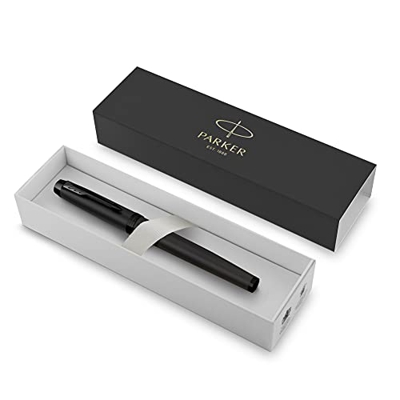 Parker IM bolígrafo roller | Negro mate con adornos negros | Punta fina con recambio de tinta negra | Estuche de regalo