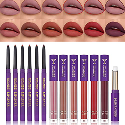 UCANBE 6pcs Lápiz labial líquido mate + 6pcs Lápiz delineador de labios + 1PC Primer maquillaje de labios Lady's Night Velvet Mate Brillo de labios Ta en oferta