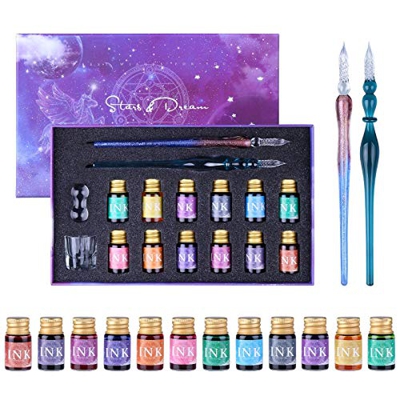 FURNIZONE Juego de Pluma de Cristal, 2 Bolígrafos de Inmersión de Vidrio 12 Tintas Multicolores 1 Portalápices y 1 taza, para Firmas, Caligrafía, Escr