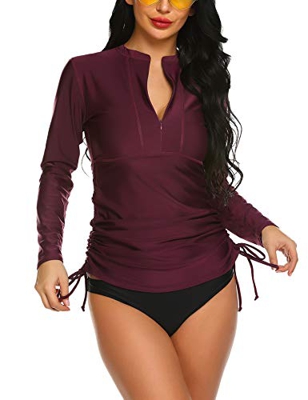 Balancora Traje de baño Rash Guard para mujer, protección UV, cremallera, manga larga, ajustado, con cordón, tallas S-XXL, A_Weinbeere, XL