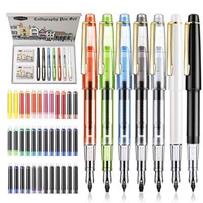 GC QUILL. Juego de 7 plumas con plumillas de diferentes tamaños y 36 cartuchos de tinta variados para inscripciones y caligrafía, juego completo de fá