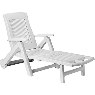 CASARIA Chaise Longue 'Zircone' Blanco de plástico Tumbona de jardín Plegable con Ruedas repaldo Ajustable 195x72x101cm