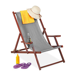 Relaxdays Liegestuhl Tumbona Plegable de Madera y Tela, 3 Posiciones, con reposabrazos y Soporte para Bebidas, 120 kg, Silla de Playa, Color Gris precio
