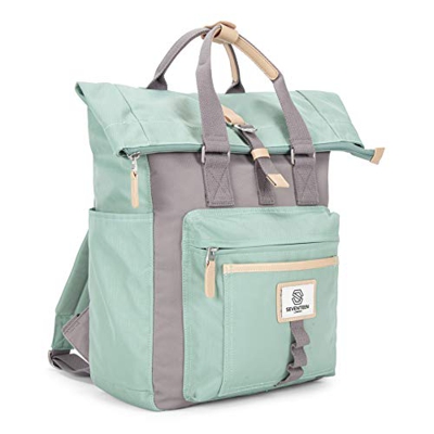 SEVENTEEN LONDON – Mochila Canary Wharf Moderna y Elegante en Verde Pastel & Gris en Estilo Enrollable y doblada computadora portátil de hasta 13"