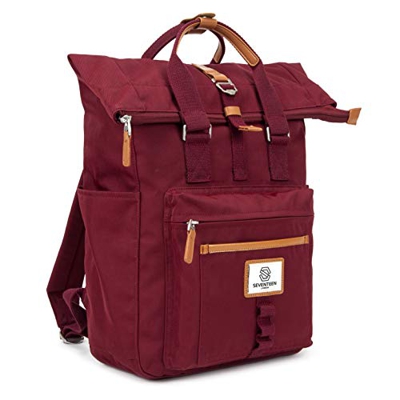 SEVENTEEN LONDON – Mochila 'Canary Wharf' Moderna y Elegante en Rojo/Burdeos en el Estilo Plegable y Enrollado computadora portátil de hasta 13"
