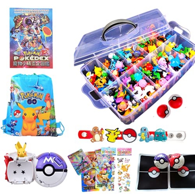 Juego de batalla de Pokémon: 144 figuras de Pokemon+1 caja de almacenamiento+ 1 libros ilustrados+2 bolas de póke+2 alfombrillas de batalla+1 bolsa de