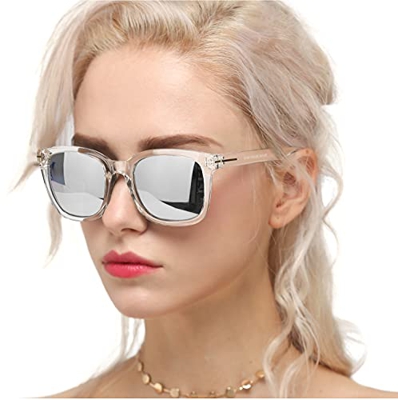 Myiaur Gafas de sol de moda para mujer Conducción polarizada Antideslumbrante Protección UV 100% Diseño elegante (Montura transparente / Lente platead