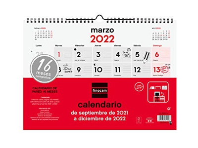 Finocam Calendario de Pared 2021 2022 Mes vista Septiembre 2021, Diciembre 2022 16 meses 340x245 Neutro 16 meses Español