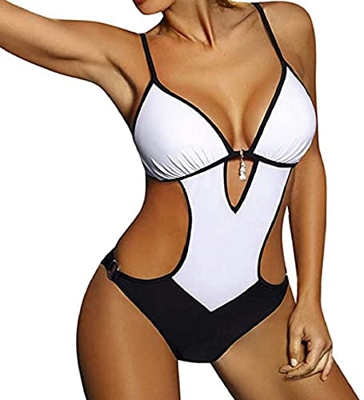 JFAN Mujer Halter Trajes de Baño Una Pieza Bikini Push Up V-Cuello Monokini Traje de Baño de Cintura Baja Ropa de Playa Bikini Sets(Blanco,XXL)