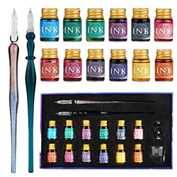 GC Juego de bolígrafos de inmersión de vidrio-2 bolígrafos de inmersión de vidrio 12 tintas multicolores 1 portalápices 1 taza de limpieza-para firmas precio