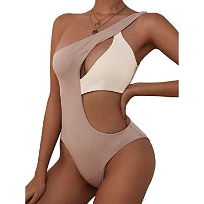 ZAFUL Un hombro Bikini Contraste Color Patchwork Recorte acanalado dos tonos traje de baño de una pieza