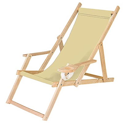 Ferocity Tumbona Plegable de Madera con Reposabrazos y Soporte para Bebidas Silla de Playa Personalizable Diseño Beige Crudo [119]