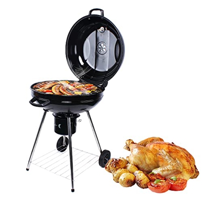 Barbacoa de carbón vegetal, diámetro de 56 cm, carrito de barbacoa con parrillas, 2 ruedas, barbacoa redonda para camping, fiestas en el jardín y vaca