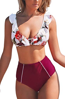 CUPSHE Conjunto de Bikini Cintura Alta Volante Rayas Traje de Baño de Dos Piezas, S
