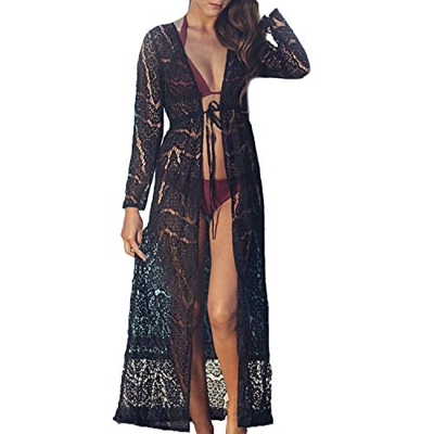 Tyidalin Cárdigans Mujer Maxi Largo Vestido Playa Encaje Verano Camisolas y Pareos Bikini Cover ups (Negro, Talla única)