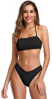 SHEKINI Mujer Traje de Baño de Dos Piezas Bandeau Bikini Top Ajustable con Acolchado Elegante Clásico Bikini Sets de Playa (S, Negro)