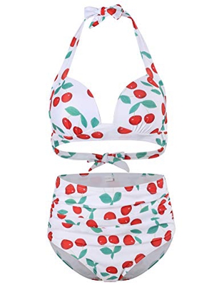 FLYILY Traje de baño para Mujer Talle Alto Acolchado Halter Playa bañador(WhiteCherry,XL)