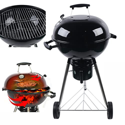 Barbacoa redonda con tapa, parrilla de carbón vegetal, parrilla redonda de carbón vegetal, parrilla con 2 ruedas, carro de carbón vegetal, parrilla de características