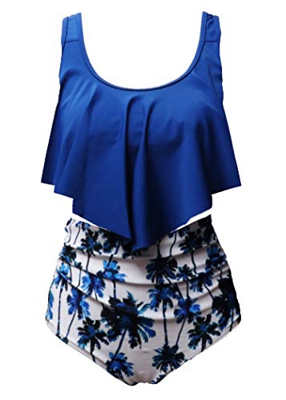 Aidotop Bañador para Mujer Top con Volantes Cintura Alta Traje de baño Trajes de baño de Dos Piezas Bikini Sets… (24Blue Floral, M)