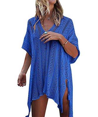 ShinyStar Poncho de playa para mujer de punto, traje de baño de encaje crochet vestido de playa con borlas, tamaño grande, azul, Talla única