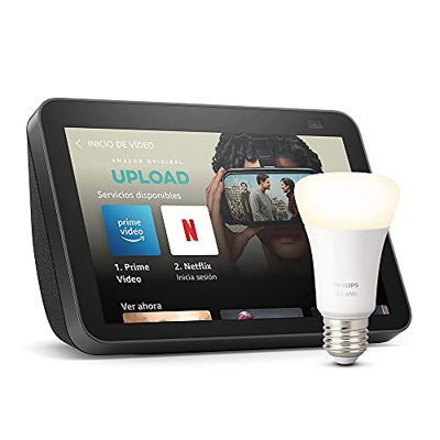Echo Show 8 (2.ª generación, modelo de 2021), Antracita + Philips Hue White bombilla inteligente, compatible con Alexa - Kit de inicio de Hogar digita